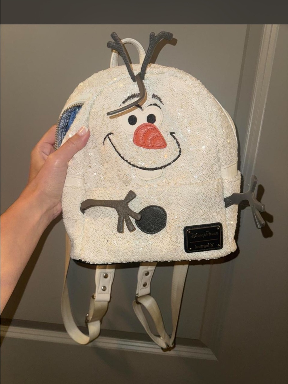 Loungefly White Sequin Olaf Mini Backpack with Orange Nose